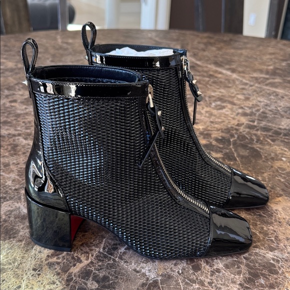 Christian Louboutin kimi 55mm black patent block heel zip boot bootie sz 38.5 - Picture 2 of 11